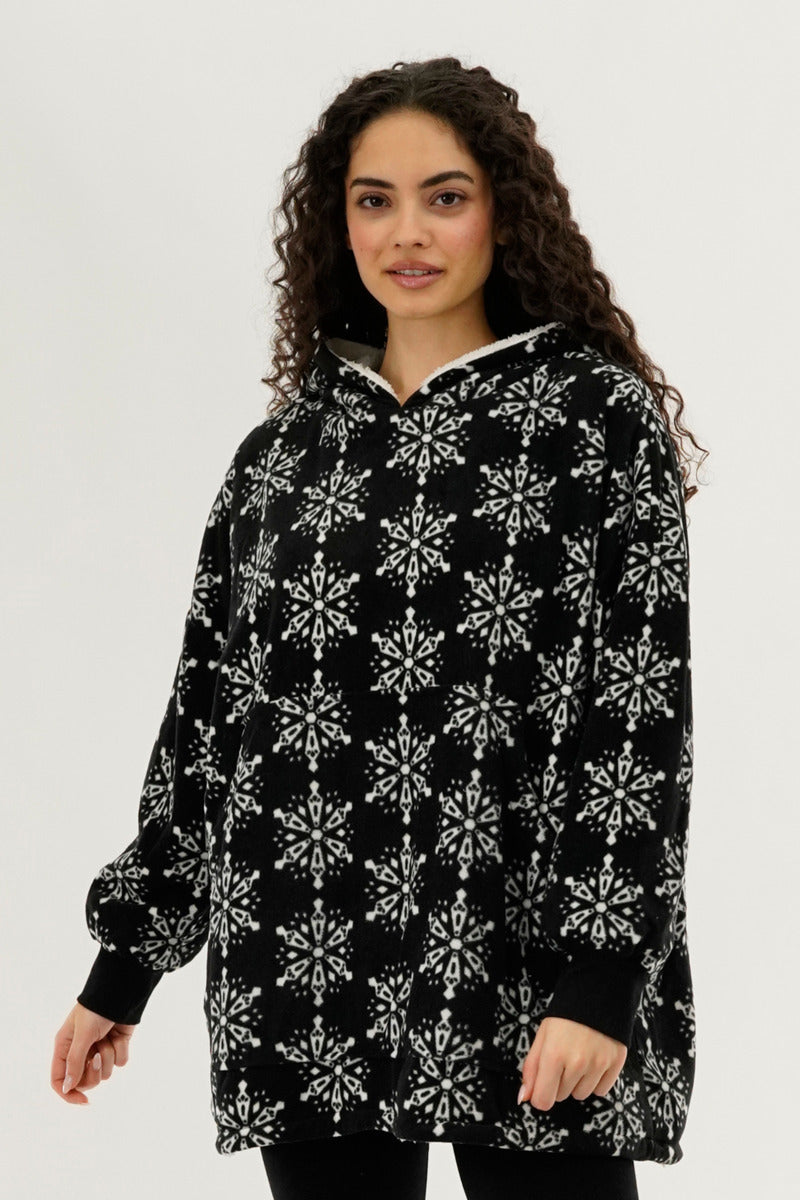 Canada Weather Gear Festive Print Oversided Hooded Pajama Top - Black - Womens Pajamas - Fairweather