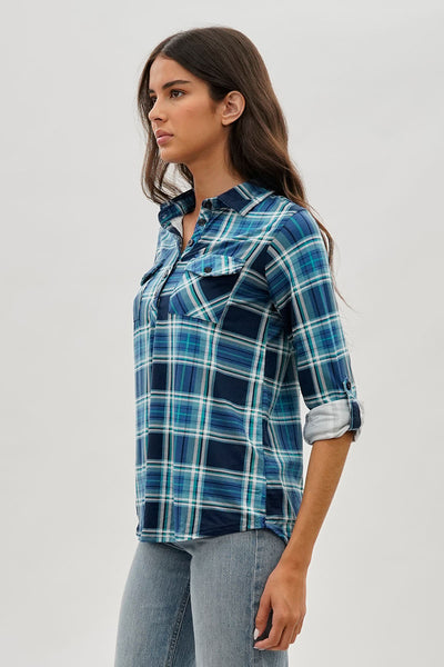 Urbanology Plaid Button Down Shirt - Navy - Womens Shirts & Blouses - Fairweather