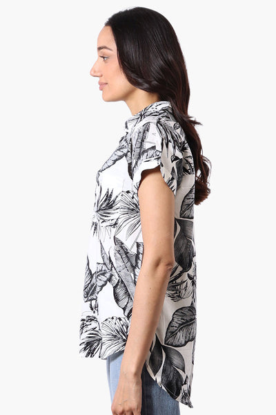 Majora Leaf Pattern Camp Collar Button Up Shirt - White - Womens Shirts & Blouses - Fairweather