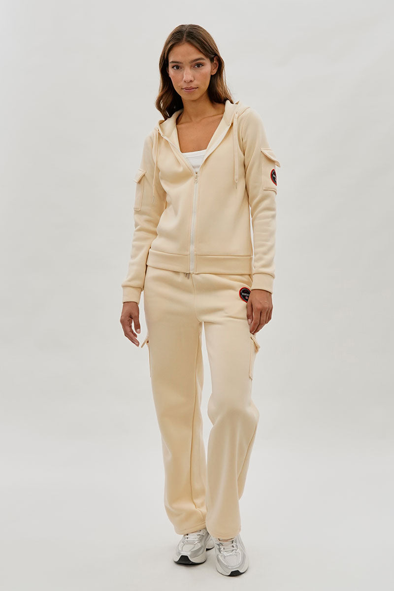 Sweat à capuche zippé Fahrenheit avec poche utilitaire - Crème