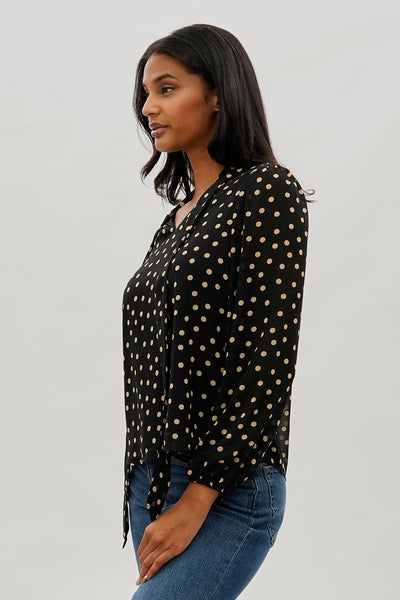 Beechers Brook Dotted Tie-Neck Long Sleeve Blouse - Black - Womens Shirts & Blouses - Fairweather