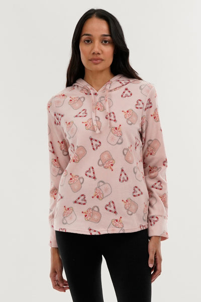 Canada Weather Gear Festive Print Hooded Pajama Top - Pink - Womens Pajamas - Fairweather