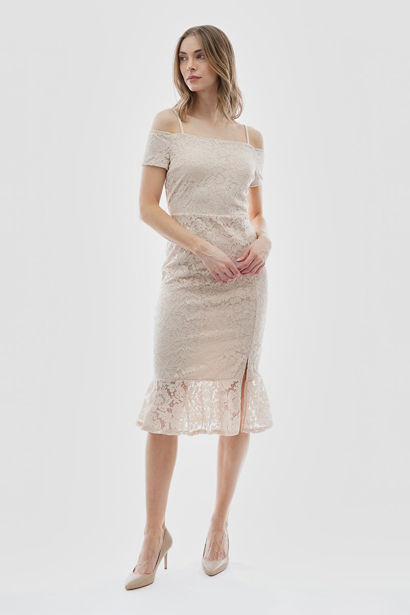 Costa Blanca Lace Off Shoulder Side Slit Cocktail Dress - Cream - Womens Cocktail Dresses - Fairweather