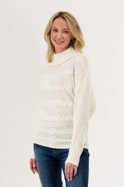 Beechers Brook Cable Knit Mock Neck Pullover Sweater - White - Womens Pullover Sweaters - Fairweather