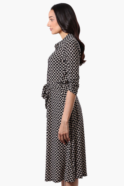 Beechers Brook Patterned Belted 3/4 Sleeve Midi Dress - Black - Womens Midi Dresses - Fairweather