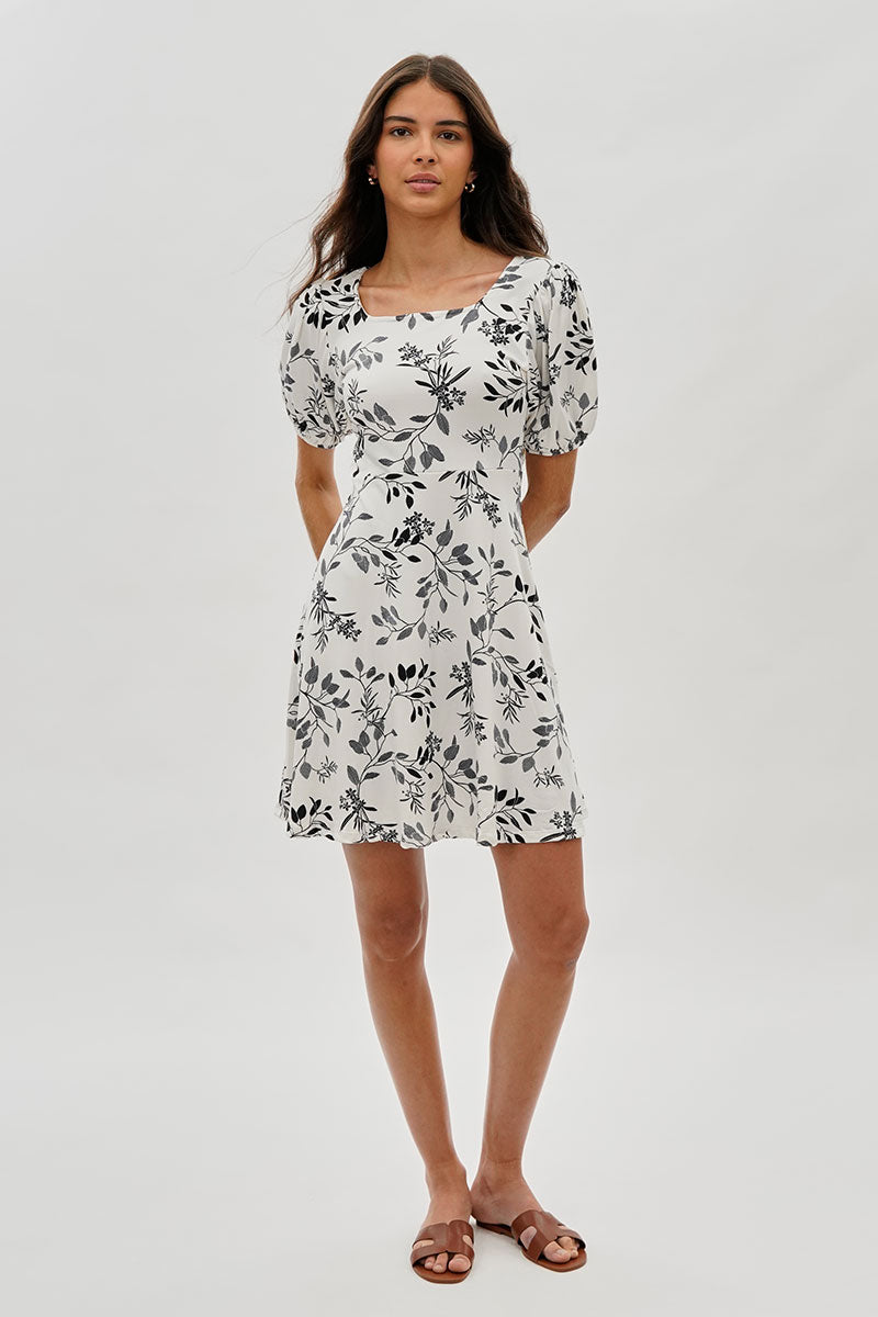Costa Blanca Leaf Print Square Neck Day Dress - White - Womens Day Dresses - Fairweather