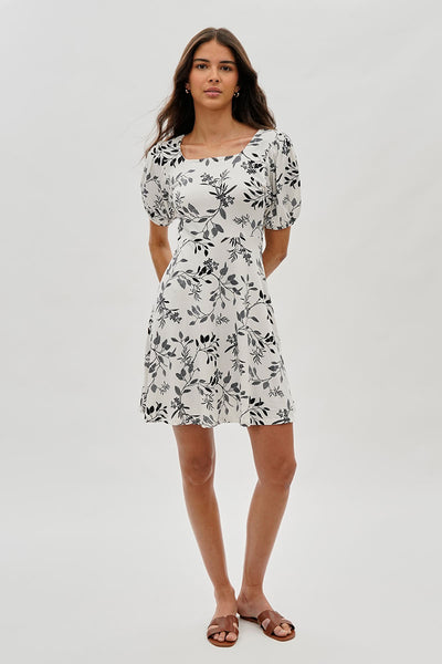 Costa Blanca Leaf Print Square Neck Day Dress - White - Womens Day Dresses - Fairweather