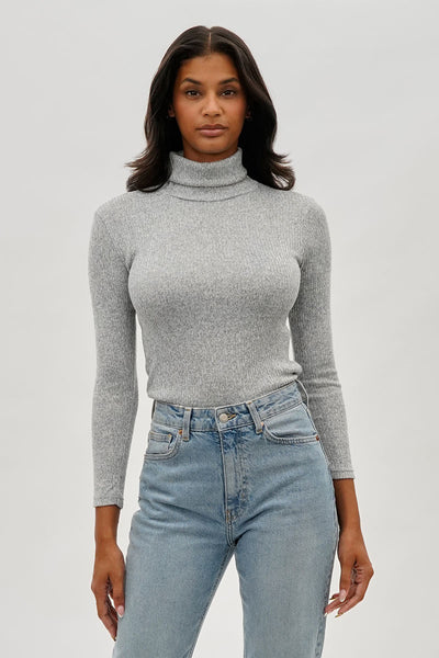 Magazine Ribbed Turtleneck Pullover Sweater - Grey - Womens Tees & Tank Tops - Fairweather