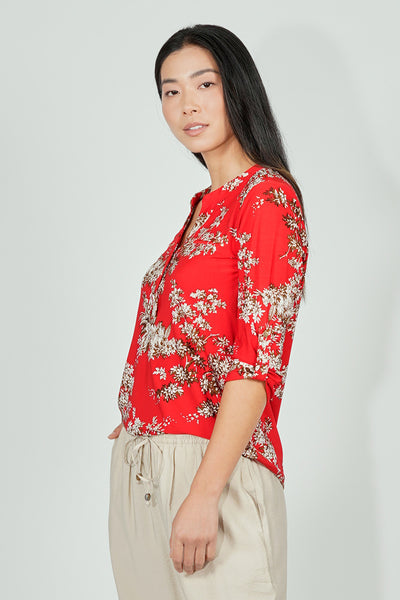 Beechers Brook Floral Roll Up Sleeve Henley Blouse - Red - Womens Shirts & Blouses - Fairweather