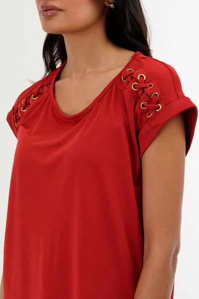 International INC Company Shoulder Lace Up Tee - Coral - Womens Tees & Tank Tops - Fairweather