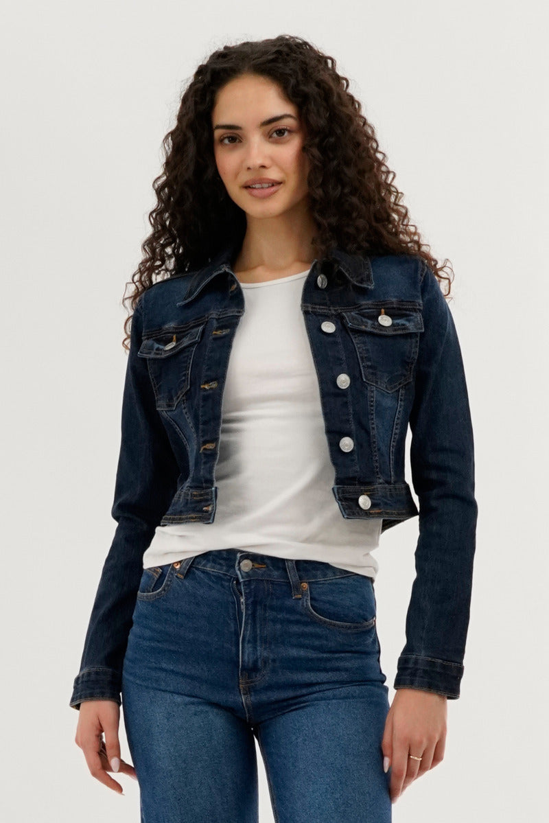 New Look Cropped Button Down Denim Jacket - Navy