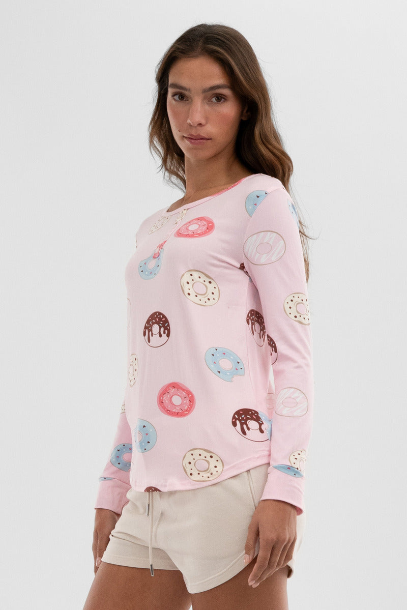 Canada Weather Gear Doughnut Print Henley Pajama Top - Pink - Womens Pajamas - Fairweather