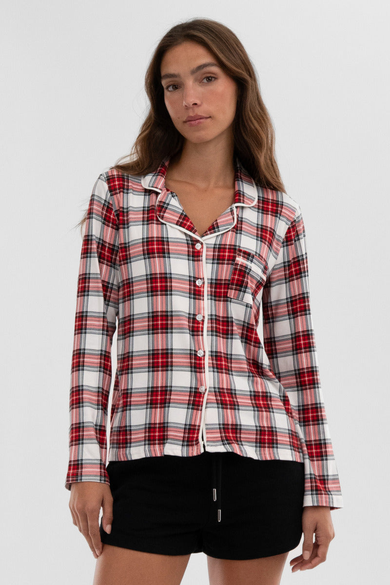 Canada Weather Gear Plaid Button Down Pajama Top - White - Womens Pajamas - Fairweather