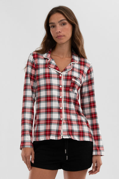 Canada Weather Gear Plaid Button Down Pajama Top - White - Womens Pajamas - Fairweather