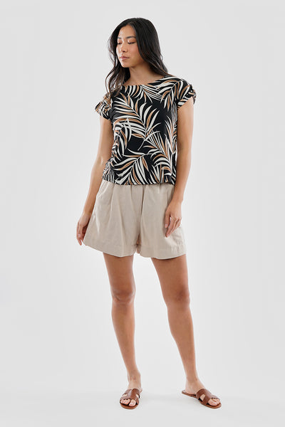 Beechers Brook Leaf Print Cap Sleeve Back Slit Tee - Black - Womens Tees & Tank Tops - Fairweather