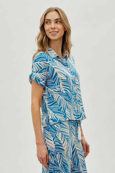 International INC Company Leaf Print Short Sleeve Shirt - Blue - Womens Shirts & Blouses - Fairweather