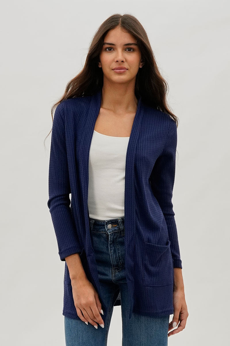 Fahrenheit Open Front Waffle Knit Cardigan - Navy - Womens Cardigans - Fairweather