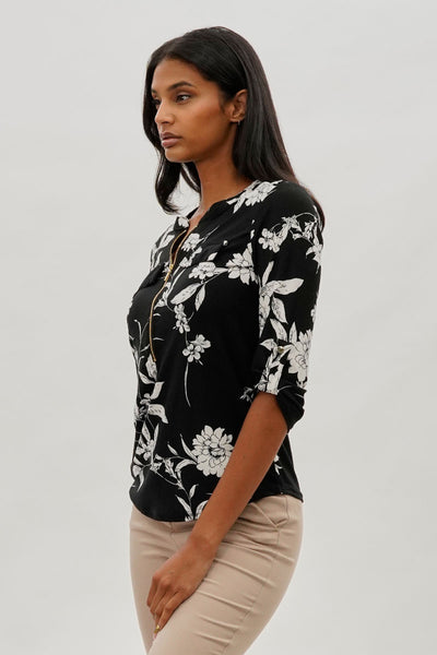 Beechers Brook Floral Half Zip Blouse - Black - Womens Shirts & Blouses - Fairweather