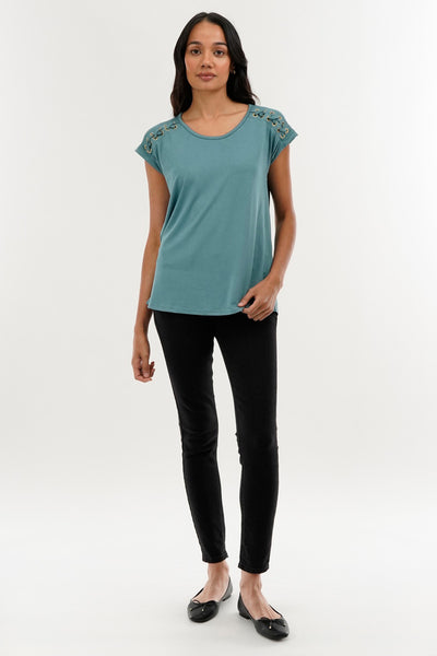 International INC Company Shoulder Lace Up Tee - Teal - Womens Tees & Tank Tops - Fairweather