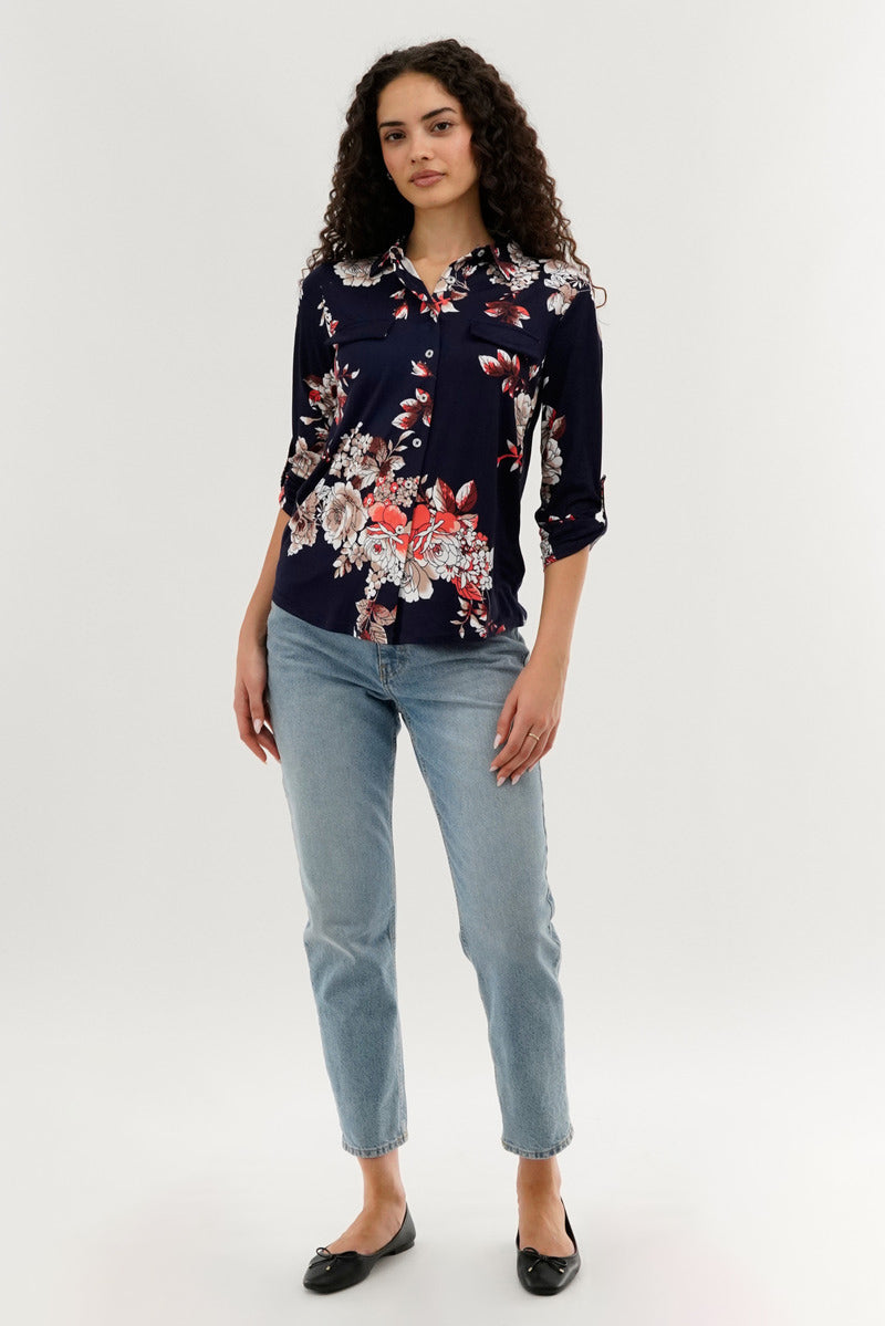 Majora Floral Button Up Blouse - Navy