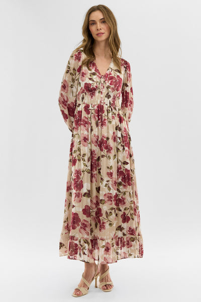 Costa Blanca Floral Long Sleeve Chiffon Maxi Dress - Beige - Womens Maxi Dresses - Fairweather
