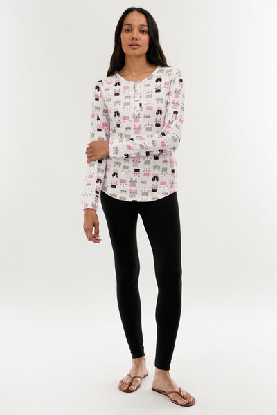 Canada Weather Gear Cat Print Henley Pajama Top - Blush - Womens Pajamas - Fairweather