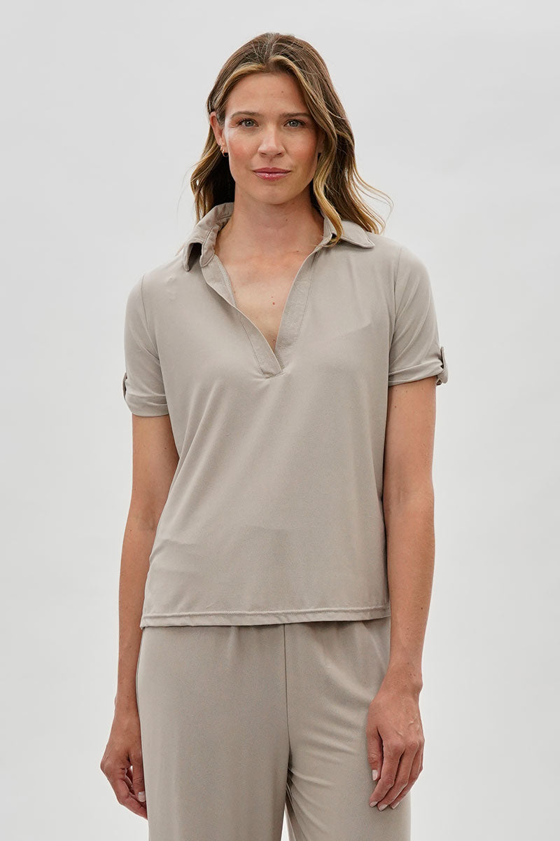 Costa Blanca Short Sleeve Split Neck Blouse - Stone - Womens Shirts & Blouses - Fairweather