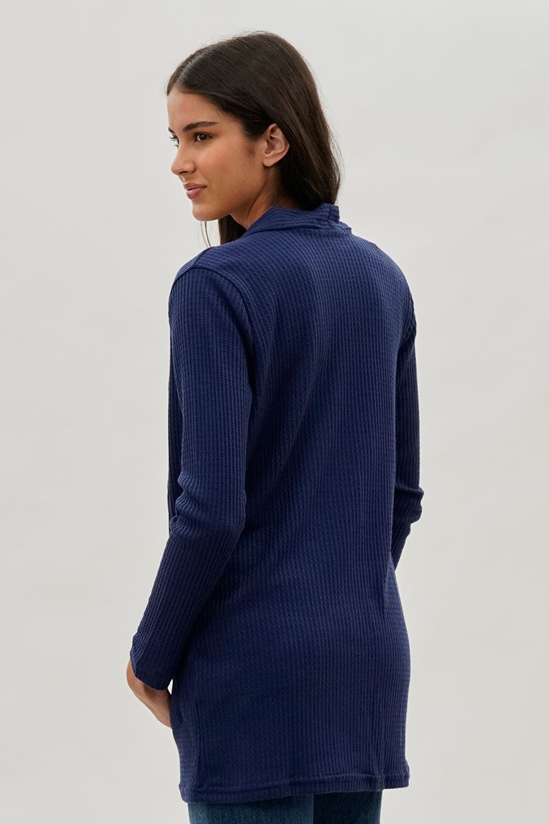 Open Front Waffle Knit Cardigan - Navy