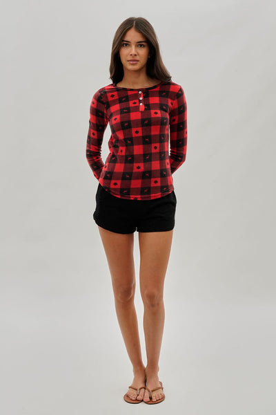 Canada Weather Gear Plaid Leaf Print Henley Pajama Top - Red - Womens Pajamas - Fairweather