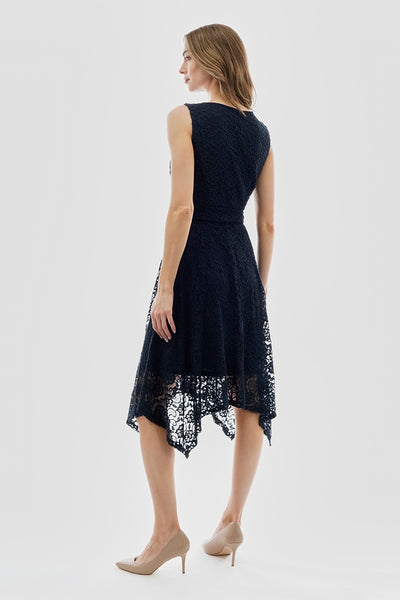 Costa Blanca Belted Lace Gold Bar Detail Day Dress - Navy - Womens Cocktail Dresses - Fairweather