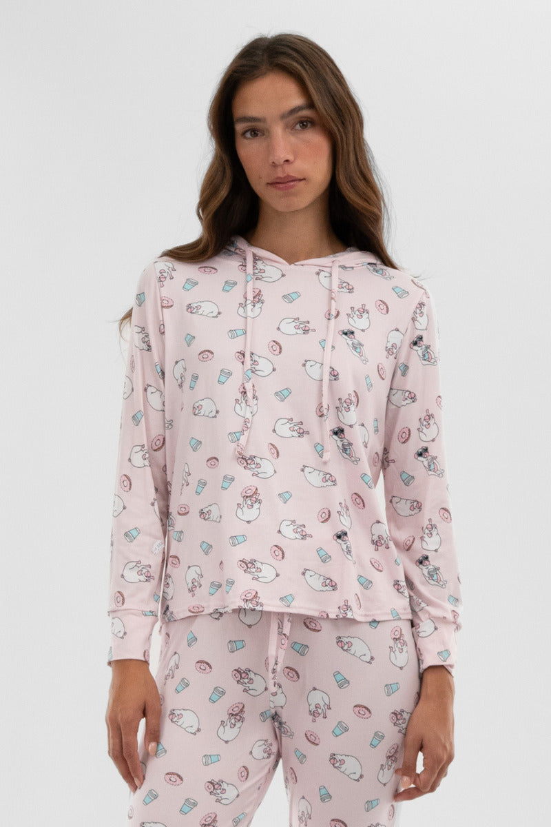 Canada Weather Gear Dog Print Hooded Pajama Top - Blush - Womens Pajamas - Fairweather