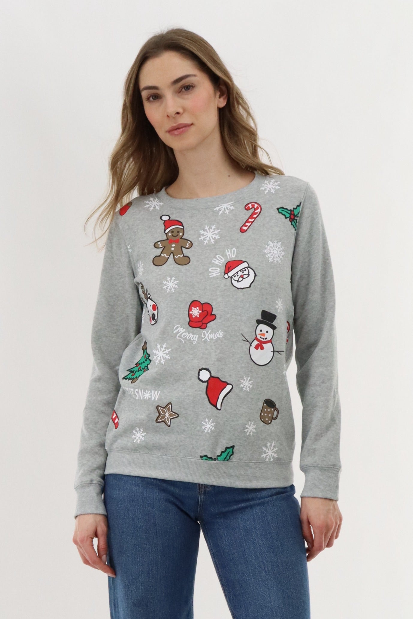 Festive Printed Christmas Sweater - Grey - Womens Christmas Sweaters - Fairweather