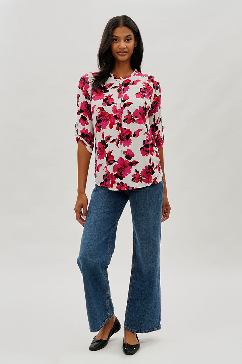 International INC Company Floral Roll Up Sleeve Blouse - White - Womens Shirts & Blouses - Fairweather