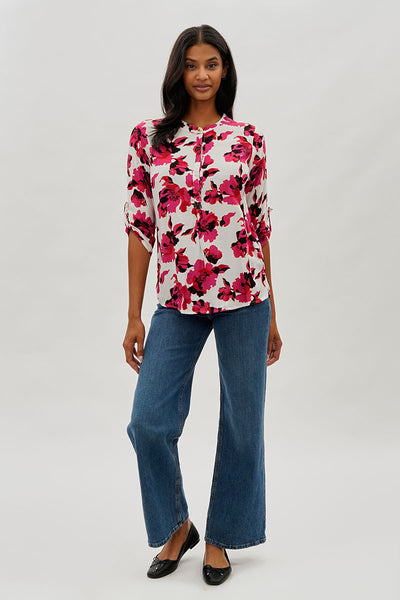 International INC Company Floral Roll Up Sleeve Blouse - White - Womens Shirts & Blouses - Fairweather