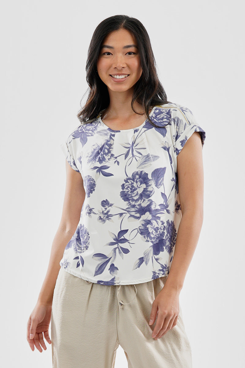 Beechers Brook Floral Zipper Shoulder Detail Blouse - White - Womens Shirts & Blouses - Fairweather