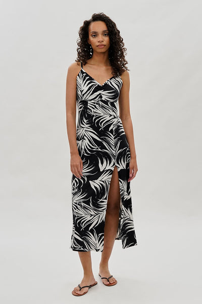 International INC Company Leaf Print Side Slit Maxi Dress - Black - Womens Maxi Dresses - Fairweather