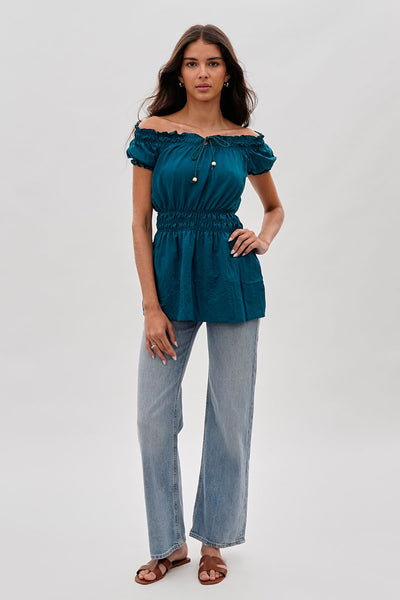 Runaway Bay Cinched Short Sleeve Blouse - Teal - Womens Shirts & Blouses - Fairweather