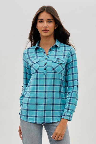 Urbanology Plaid Button Down Shirt - Blue - Womens Shirts & Blouses - Fairweather