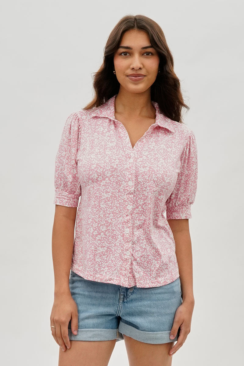 International INC Company Floral Puffer Sleeve Blouse - Pink - Womens Shirts & Blouses - Fairweather