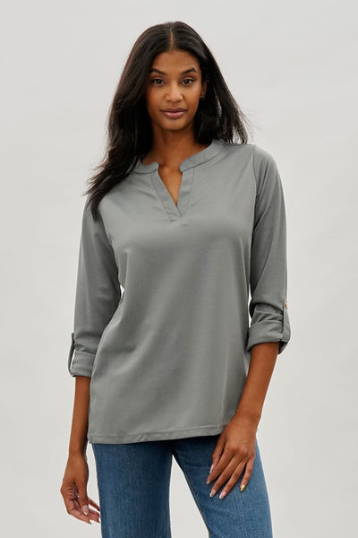 Costa Blanca Split Neck Roll Up Sleeve Blouse - Grey - Womens Shirts & Blouses - Fairweather