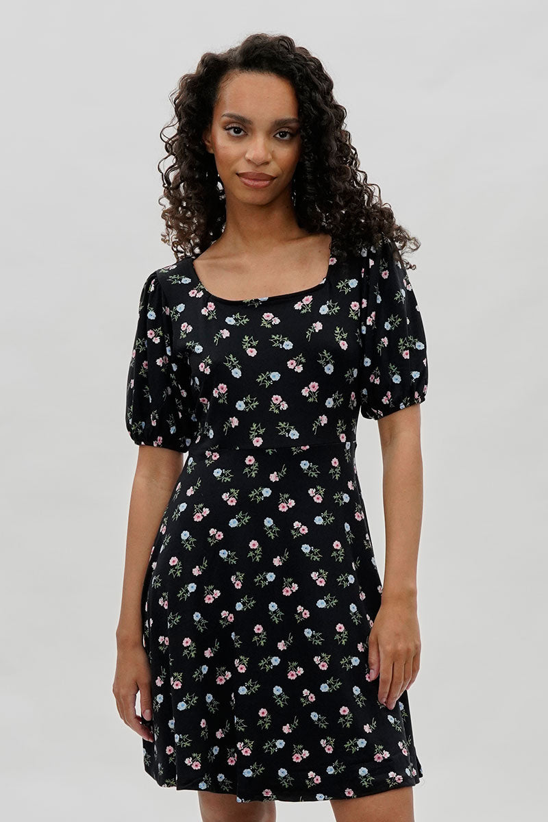Costa Blanca Floral Square Neck Day Dress - Black - Womens Day Dresses - Fairweather