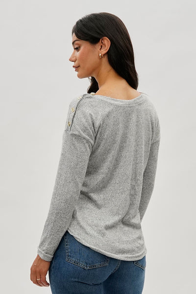 International INC Company Boat Neck Button Detail Pullover Sweater - Grey - Womens Pullover Sweaters - Fairweather