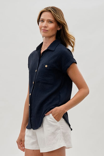 Sylexchange Vintage Short Sleeve Button Down Shirt - Navy - Womens Shirts & Blouses - Fairweather