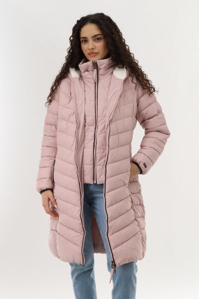 Canada Weather Gear Long Double Zip Chevron Quilted Parka Jacket - Pink - Womens Parka Jackets - Fairweather
