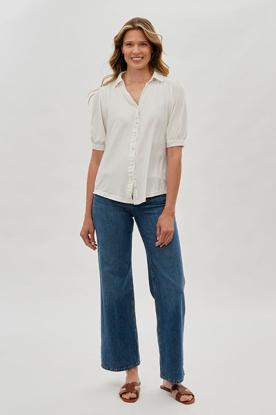 Beechers Brook Patterned Puff Sleeve Button Down Blouse - White - Womens Shirts & Blouses - Fairweather