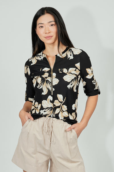 Beechers Brook Floral Roll Up Sleeve Half Zip Blouse - Black - Womens Shirts & Blouses - Fairweather