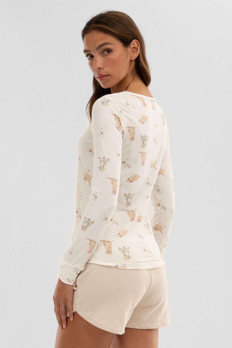 Canada Weather Gear Dog Print Henley Pajama Top - Beige - Womens Pajamas - Fairweather