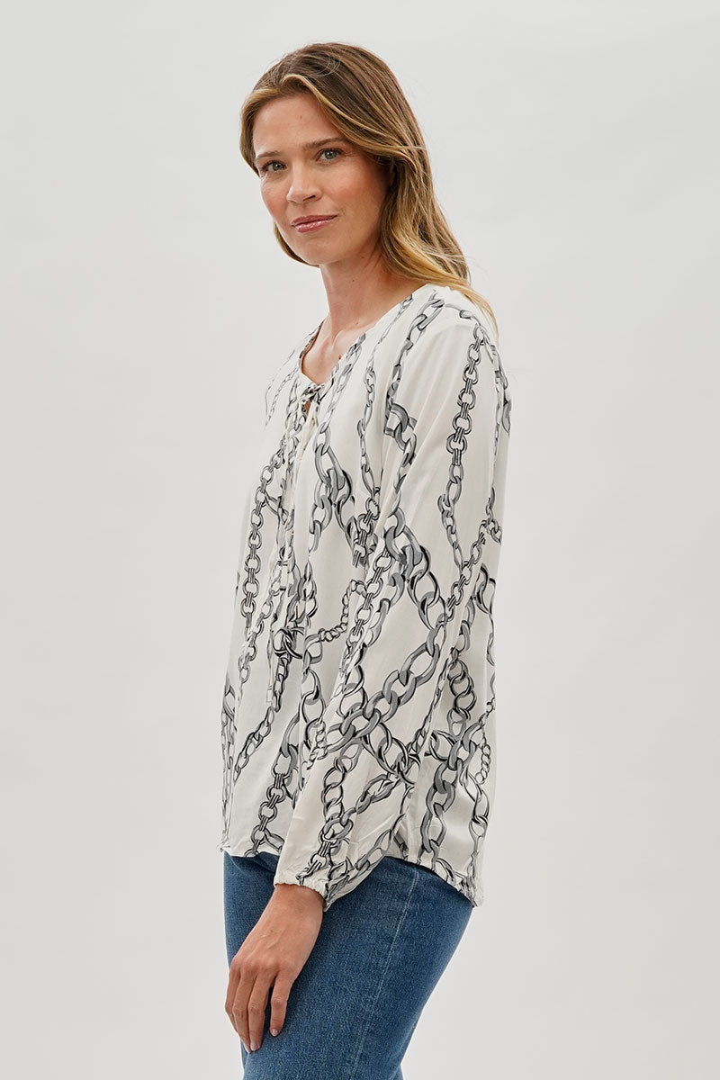 Beechers Brook Chain Print Lace Up Blouse - White - Womens Shirts & Blouses - Fairweather
