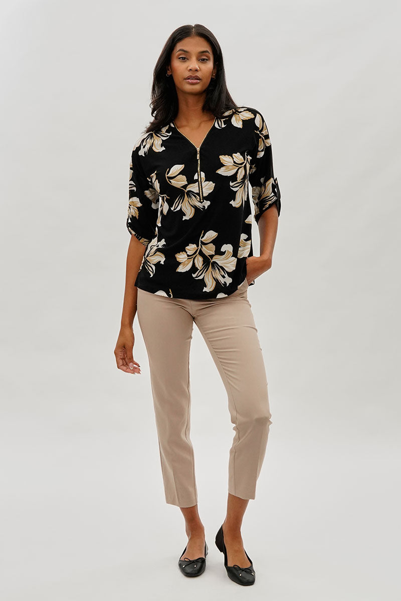 Beechers Brook Leaf Print Half Zip Blouse - Black - Womens Shirts & Blouses - Fairweather