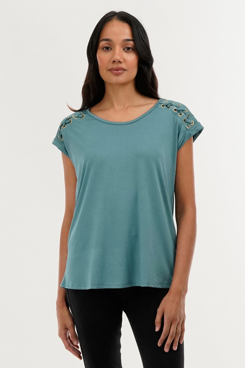 International INC Company Shoulder Lace Up Tee - Teal - Womens Tees & Tank Tops - Fairweather